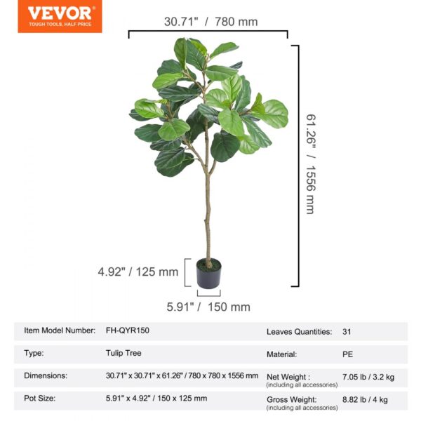 VEVOR Artificial Fiddle Leaf Fig Tree, 5 FT, Secure PE Material & Anti-Tip Tilt Protection Low-Maintenance Faux Plant, Lifelike Green Fake Potted Tree for Home Office Warehouse Decor Indoor Outdoor