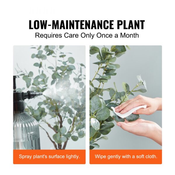 VEVOR artificial eucalyptus tree, low-maintenance care, spray lightly, gently wipe with a soft cloth.