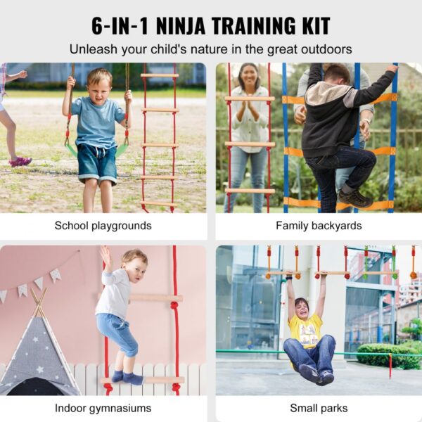 6-in-1 ninja training kit for school playgrounds, family backyards, indoor gymnasiums, and small parks.