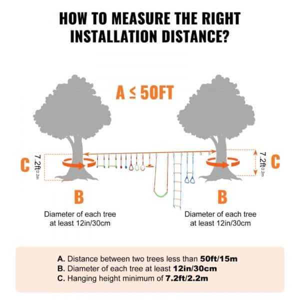 how to measure installation distance for VEVOR ninja warrior obstacle course between two trees.