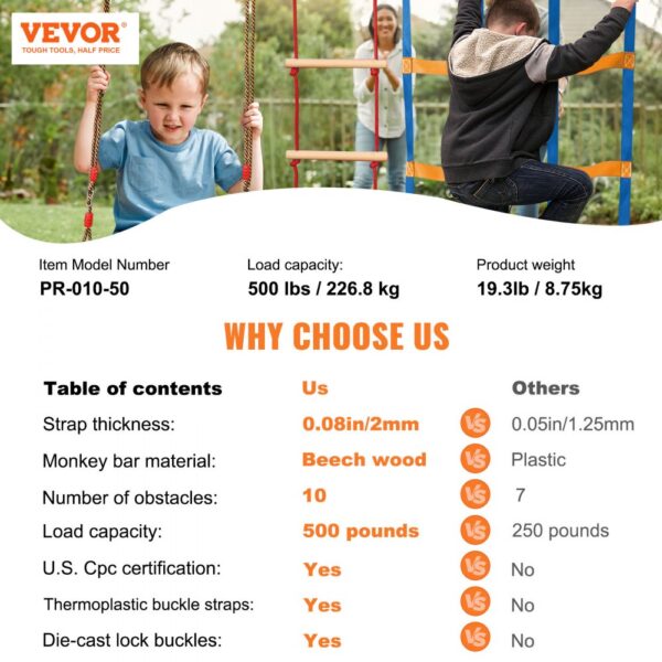 children playing on the VEVOR ninja warrior obstacle course with product specs and comparison chart.