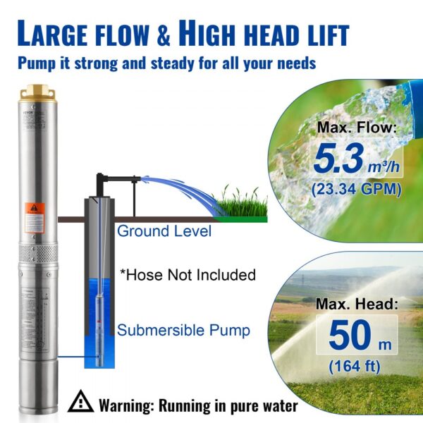 VEVOR Deep Well Submersible Pump Stainless Steel Water Pump 370W 5.3 m³/h 50 m