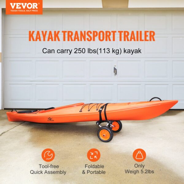 VEVOR kayak cart in orange carrying a kayak, tool-free assembly, foldable, portable, weighs 5.2 lbs.