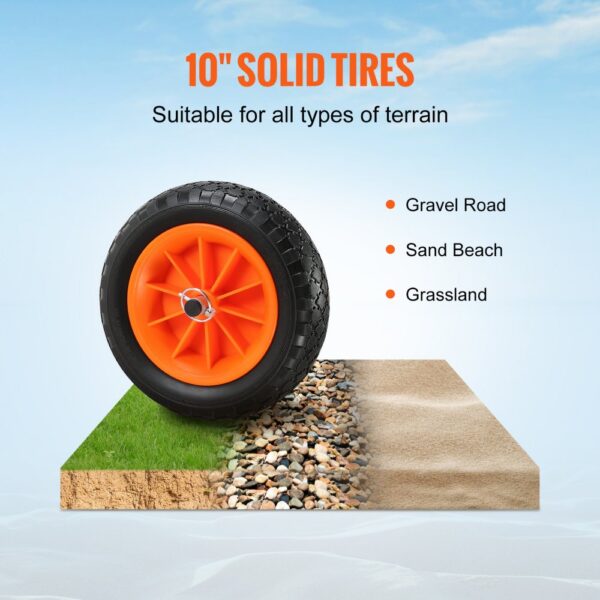 10" solid tires of VEVOR kayak cart suitable for gravel, sand, and grass terrain.