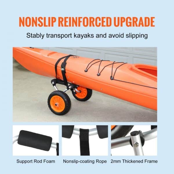 VEVOR kayak cart: nonslip upgrade, support rod foam, nonslip-coating rope, 2mm thickened frame, orange kayak.