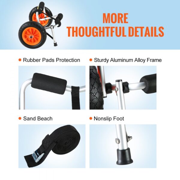 VEVOR kayak cart with rubber pads, aluminum alloy frame, nonslip foot, sand beach strap.