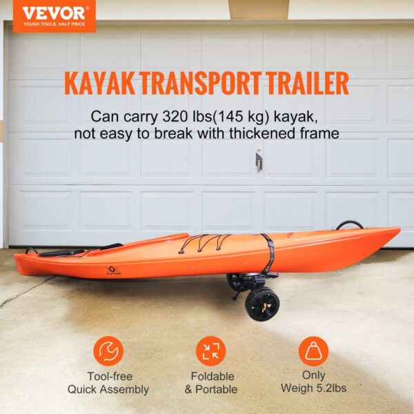 VEVOR heavy duty kayak cart with orange kayak, showcasing foldable and portable design, supports 320 lbs.