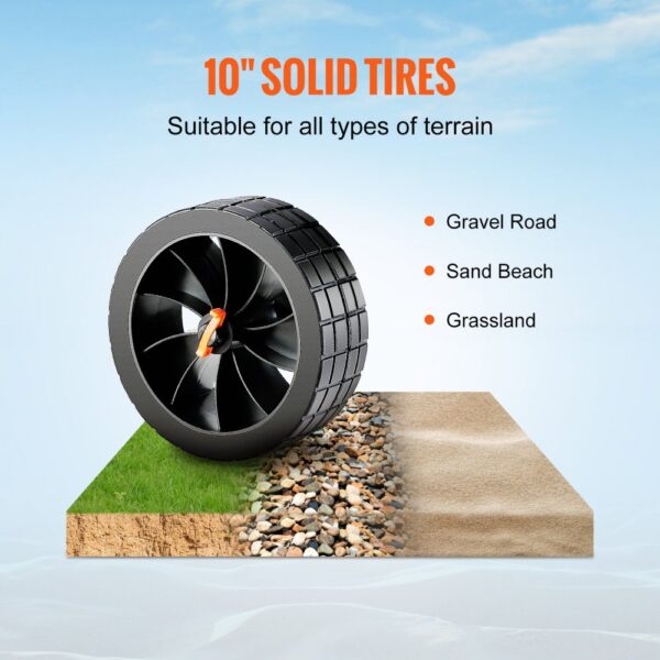 10" solid tires for VEVOR heavy duty kayak cart suitable for gravel, sand, and grassland terrain.