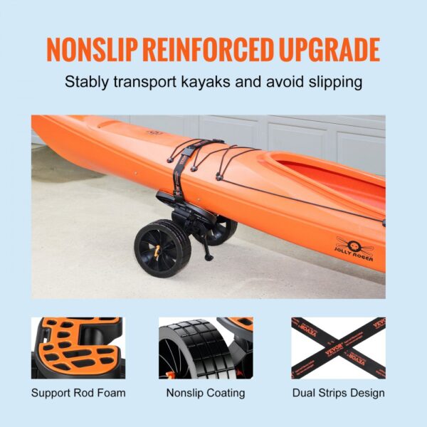 VEVOR heavy duty kayak cart with nonslip reinforced upgrade, support rod foam, and dual strips design.