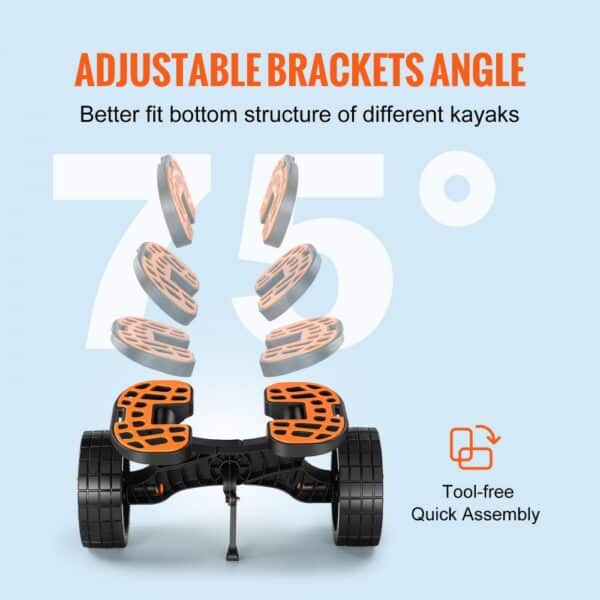 adjustable brackets of the VEVOR heavy duty kayak cart, showcasing 75° angle adjustment for stability.