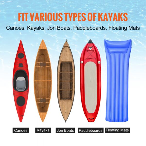 various types of watercrafts by a pool, includes canoes, kayaks, jon boats, paddleboards, and floating mats.