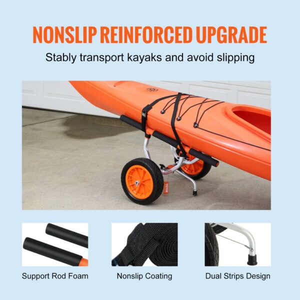 VEVOR kayak cart with nonslip foam support rods, durable straps, and reinforced dual strips design.