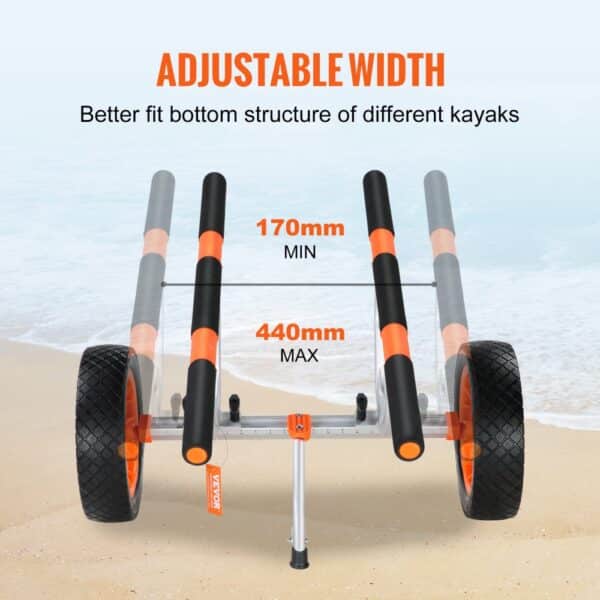 VEVOR kayak cart with adjustable width, 170mm to 440mm, on a beach background for various kayak sizes.