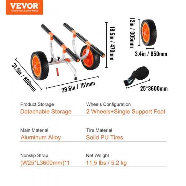 VEVOR kayak cart with detachable storage, aluminum alloy, solid pu tires, and nonslip strap.