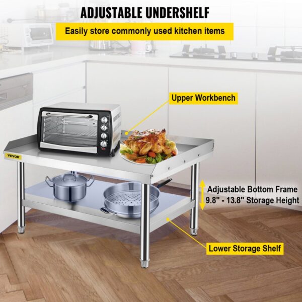 VEVOR stainless steel grill stand with adjustable undershelf, upper workbench, lower storage shelf.