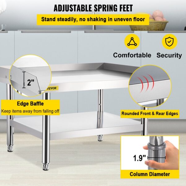 VEVOR stainless steel grill stand with adjustable feet, edge baffle, and rounded edges.