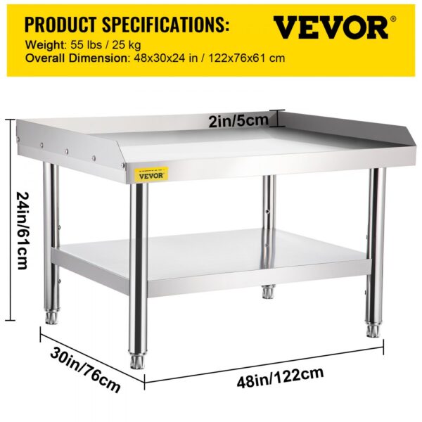 VEVOR stainless steel grill stand with dimensions 48x30x24 in and 2-inch backsplash.