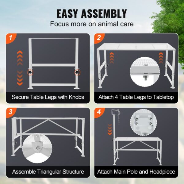 easy assembly steps for VEVOR livestock stand: secure table legs, attach table legs, assemble structure, add pole.