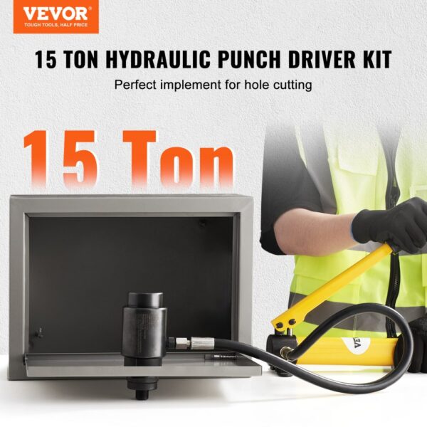 VEVOR hydraulic knockout punch kit with 15-ton capacity for efficient hole cutting, worker using the pump.