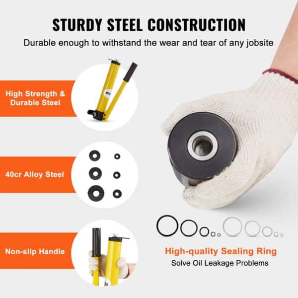 VEVOR hydraulic knockout punch kit features high strength steel, non-slip handle, and quality sealing rings.