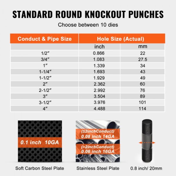 VEVOR hydraulic knockout punch kit: standard round knockout punches chart with 10 die sizes and material specifications.