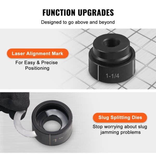 VEVOR hydraulic knockout punch kit with laser alignment marks and slug-splitting dies for precision.