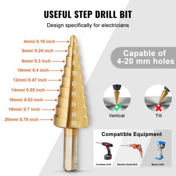 step drill bit for electricians, sizes 4-20mm, compatible with cordless, electric hand, and bench drills.
