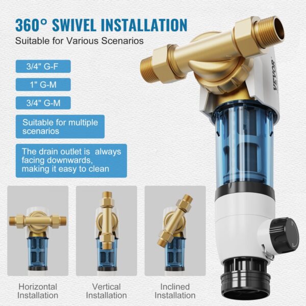 VEVOR Spin Down Filter, 40 Micron Whole House Sediment Filter for Well Water, 3/4" G-M + 1" G-M + 3/4" G-F, 4 T/H High Flow Rate, for Whole House Water Filtration Systems, Well Water Sediment Filter