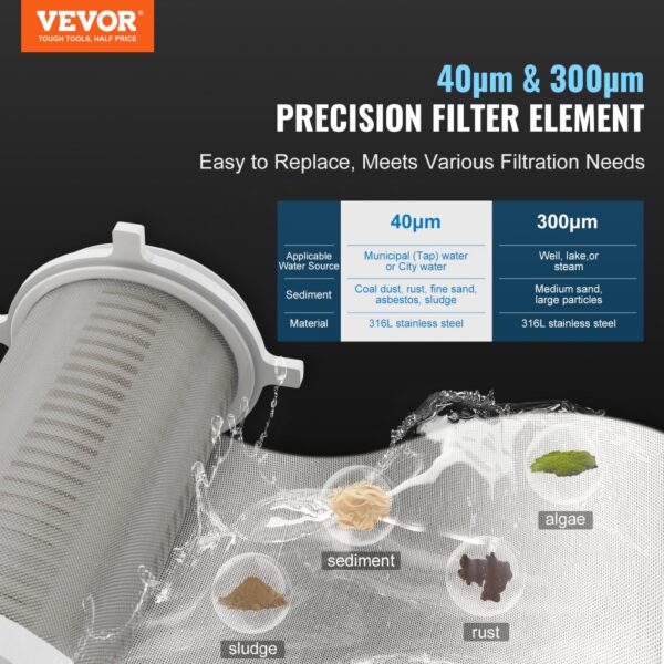 VEVOR Spin Down Filter, 40 Micron + 30 Micron Fine Filtration, Whole House Sediment Filter for Well Water, 3/4" G-F + 1" G-M, 4 T/H High Flow Rate, for Whole House Water Filtration Systems