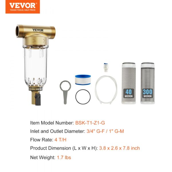 VEVOR Spin Down Filter, 40 Micron + 30 Micron Fine Filtration, Whole House Sediment Filter for Well Water, 3/4" G-F + 1" G-M, 4 T/H High Flow Rate, for Whole House Water Filtration Systems