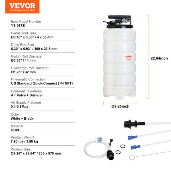 VEVOR fluid extractor with dimensions and specifications, featuring a white and black hdpe container.