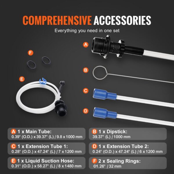 comprehensive accessories for the VEVOR fluid extractor, including tubes, dipstick, suction hose, and sealing rings.