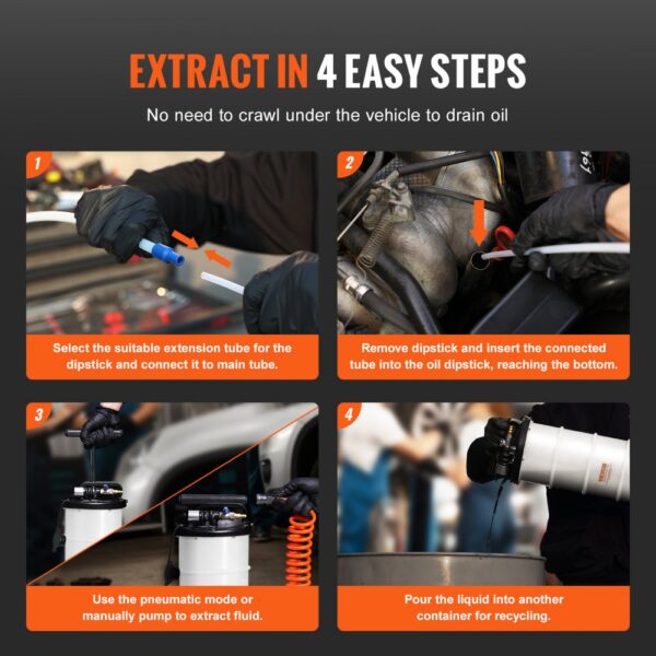 VEVOR fluid extractor in use, demonstrating 4 simple steps to extract oil from a vehicle's engine.