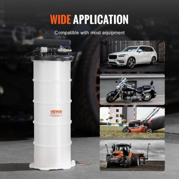 VEVOR fluid extractor with various vehicles showcasing its wide application for cars, bikes, mowers, and tractors.