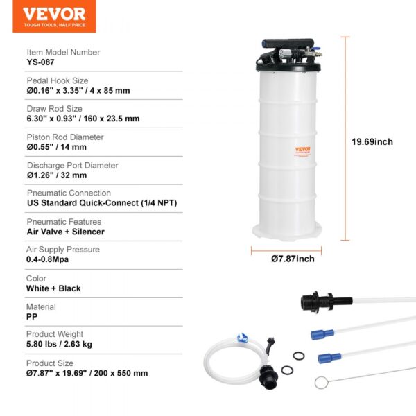 VEVOR fluid extractor with dimensions and specifications, including a white and black 19.69" cylinder.