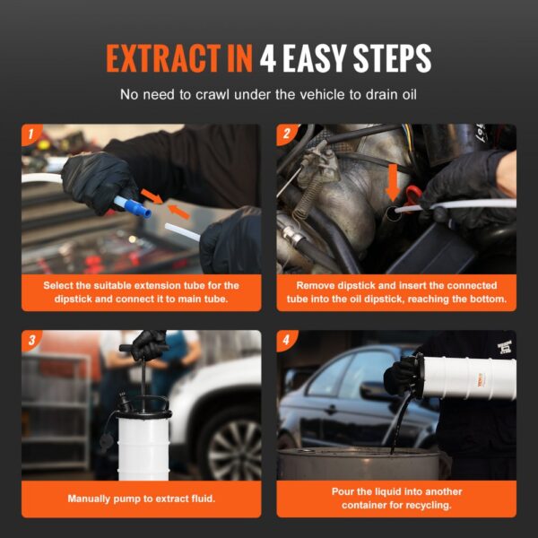 VEVOR fluid extractor guides for easy oil extraction in 4 steps, no need to crawl under vehicles.