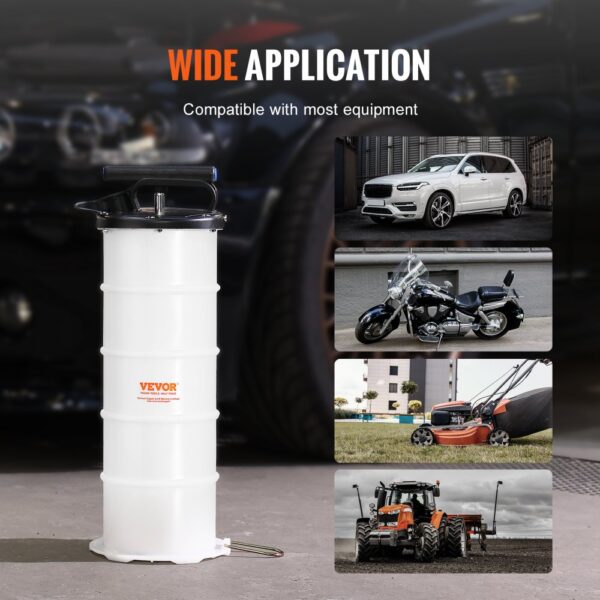 VEVOR fluid extractor for car, motorcycle, lawnmower, and tractor, showcasing wide application.