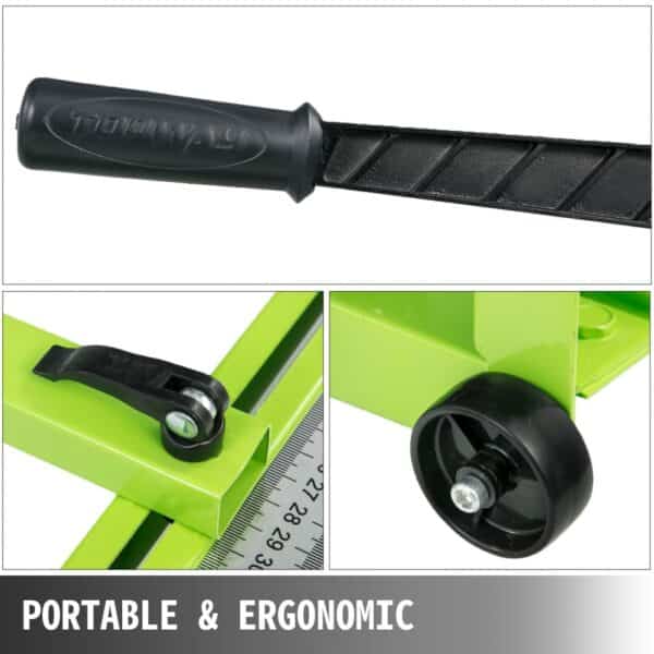 VEVOR tile cutter with ergonomic handle, measurement gauge, and sturdy wheels.