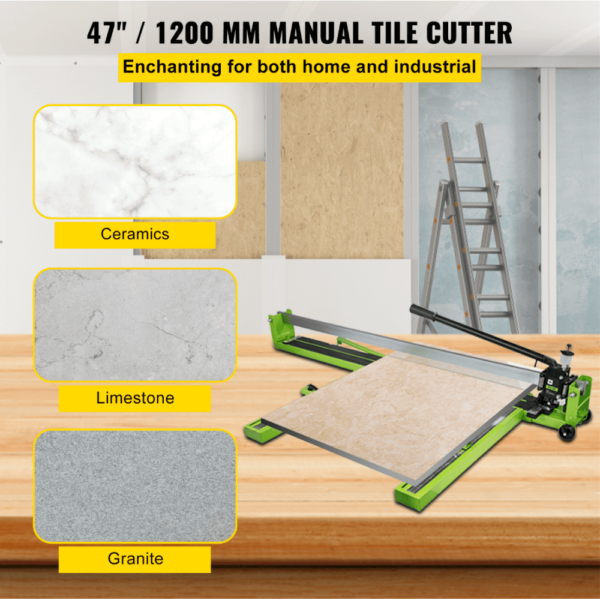 VEVOR tile cutter cutting ceramics, limestone, and granite in a workspace.