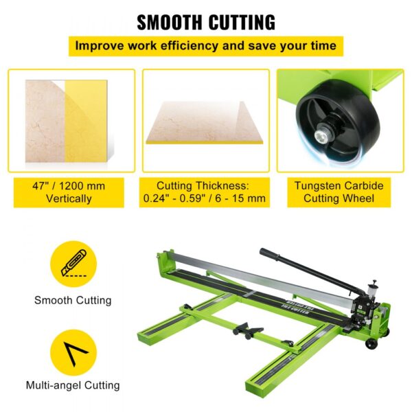 VEVOR tile cutter, smooth cutting, 47-inch vertical, tungsten carbide wheel, multi-angle cutting.