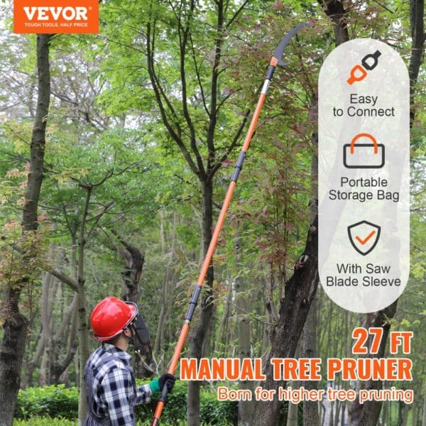 VEVOR manual pole saw used by a person in a forest to prune high tree branches.