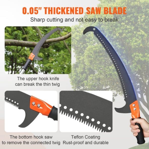 VEVOR manual pole saw with 0.05" thickened blade, teflon coating, and upper/bottom hook features.