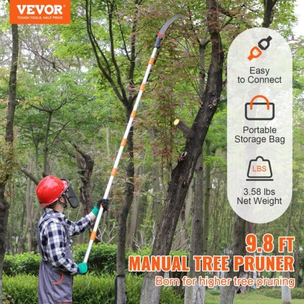 person using VEVOR manual pole saw to prune tall tree branches in a forested area.