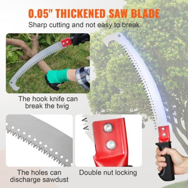 VEVOR manual pole saw with thickened blade, hook knife, sawdust discharge holes, and double nut locking.