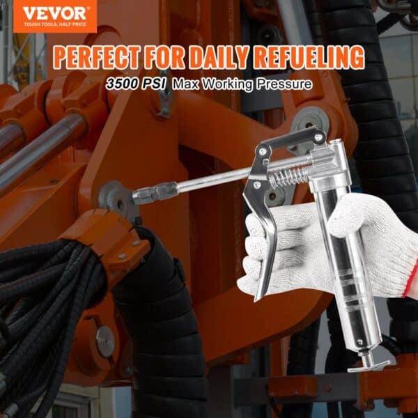 VEVOR pistol grip grease gun in use, 3500 psi max working pressure, ideal for daily refueling.