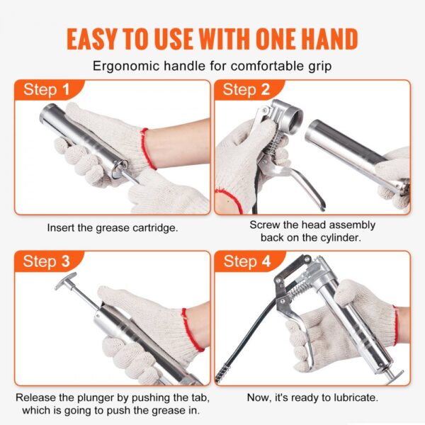 VEVOR pistol grip grease gun usage steps: insert grease cartridge, screw head, release plunger, lubricate.