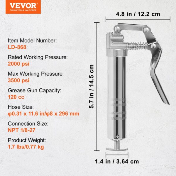 VEVOR pistol grip grease gun with 120cc capacity, 3500 psi max, and npt 1/8-27 connection.