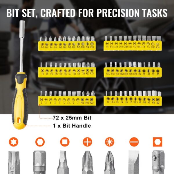 VEVOR 207-Piece Mechanics Tool Set 1/4" 3/8" 1/2" Drive Sockets SAE and Metric