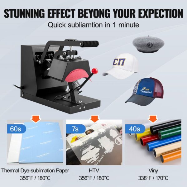 VEVOR Hat Heat Press, 4-in-1 Cap Heat Press Machine, 6x3inches Clamshell Sublimation Transfer, LCD Digital Timer Temperature Control with 4pcs Curved Heating Elements (6x3/6.7x2.7/6.7x2.7/8.1x3.5)