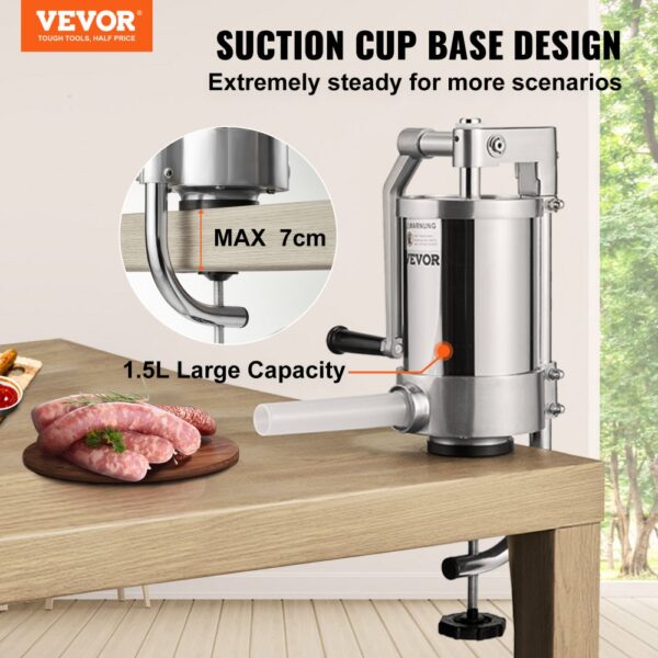 VEVOR sausage stuffer with suction cup base, 1.5l capacity, max 7cm clamp, sausages on a wooden table.